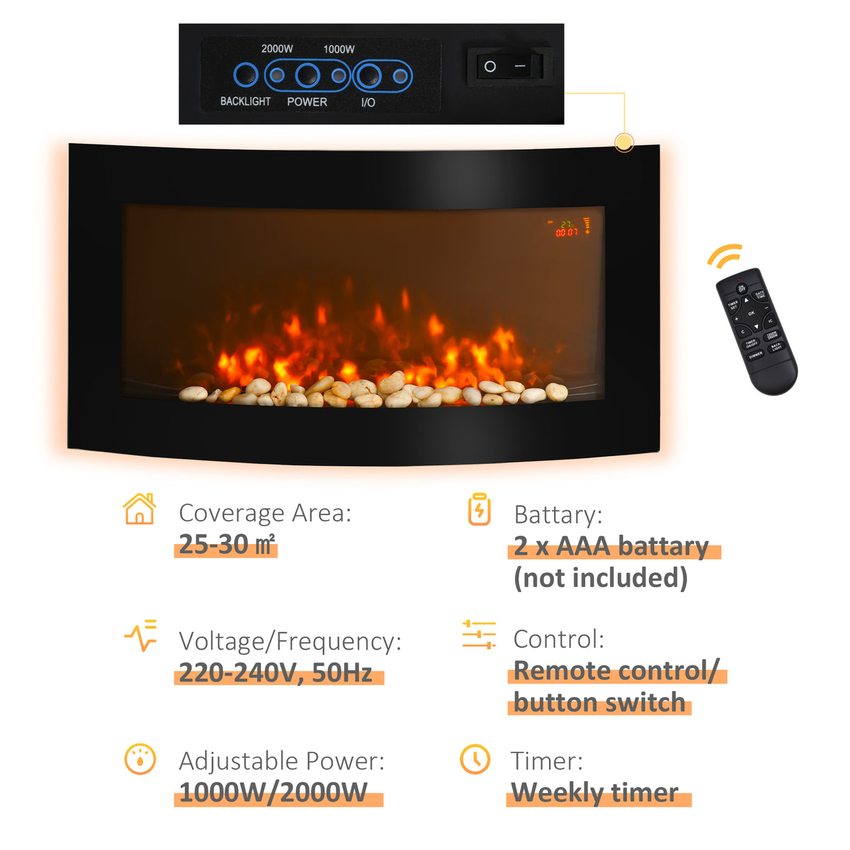 HOMCOM curved electric fireplace with control panel and remote