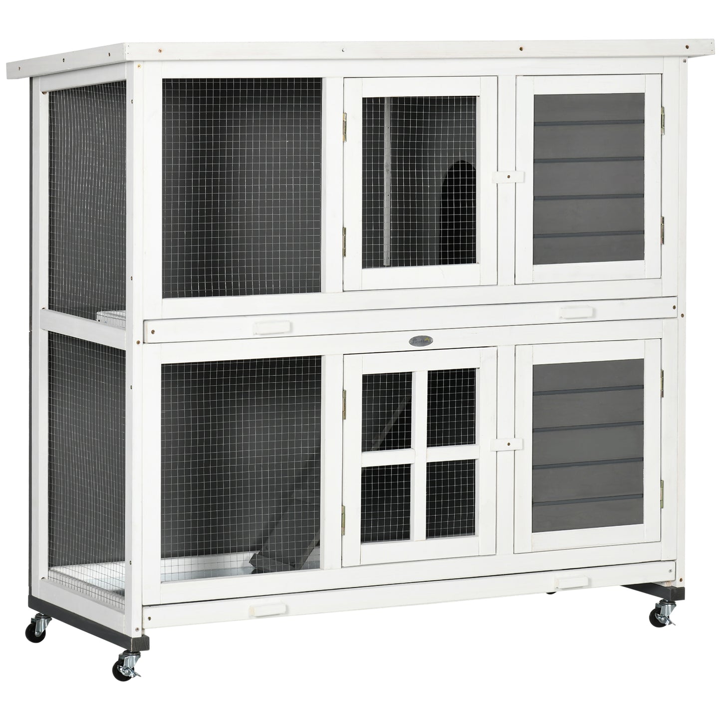 Photo of PawHut Wooden Rabbit Hutch, Two-Tier Guinea Pig Cage, with Removable Tray, Wheels in Wheels colour on a white background