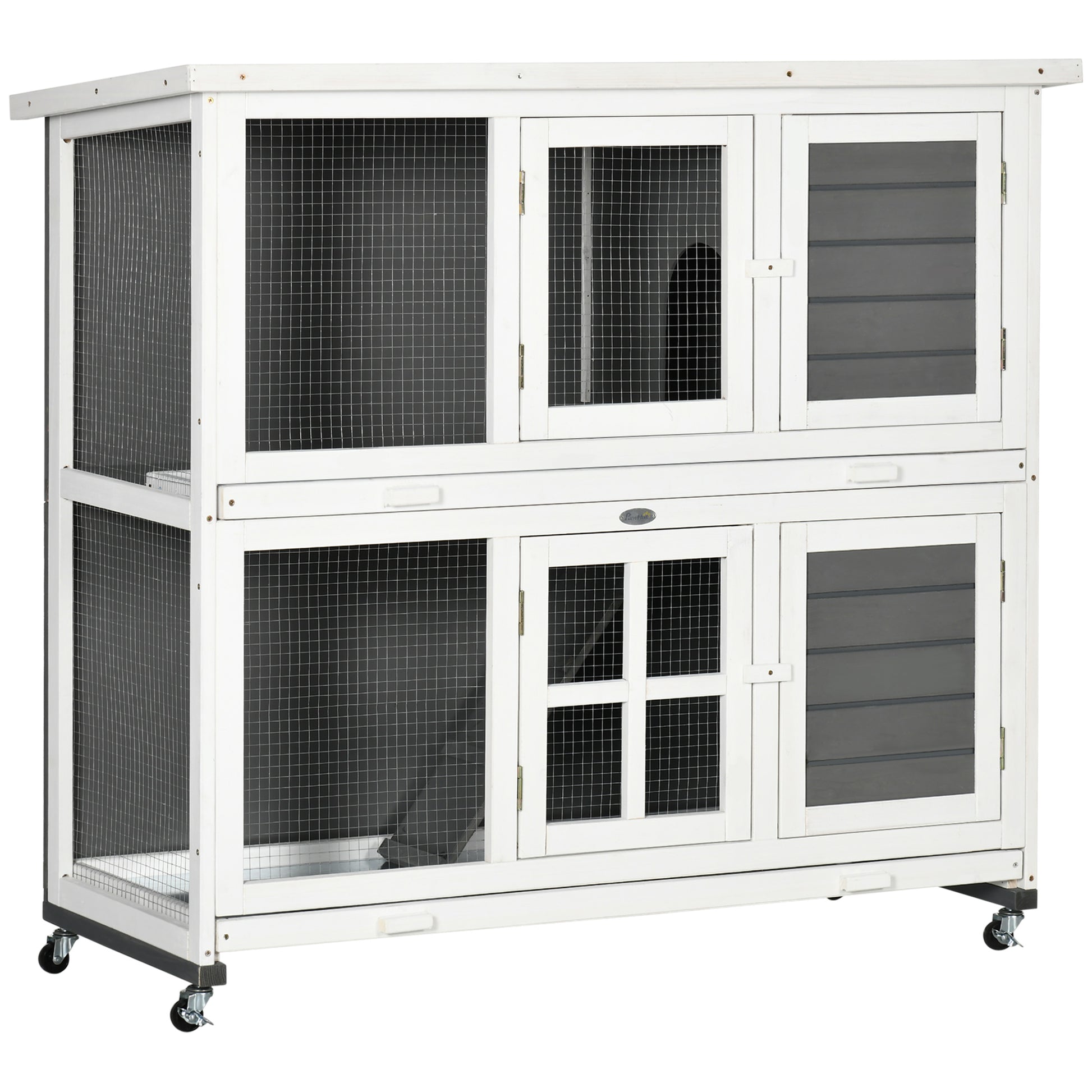 Photo of PawHut Wooden Rabbit Hutch, Two-Tier Guinea Pig Cage, with Removable Tray, Wheels in Wheels colour on a white background
