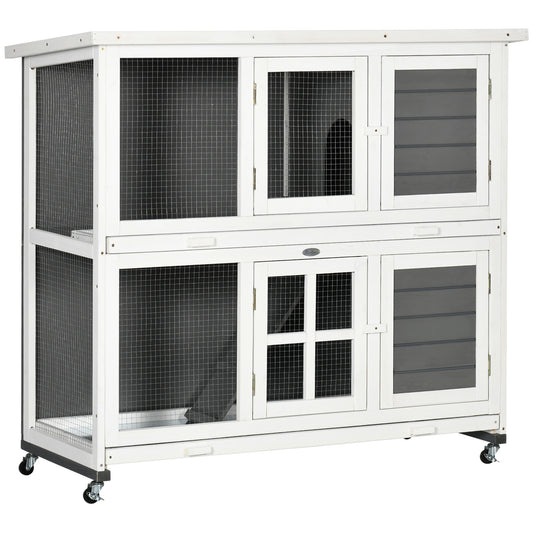 Photo of PawHut Wooden Rabbit Hutch, Two-Tier Guinea Pig Cage, with Removable Tray, Wheels in Wheels colour on a white background
