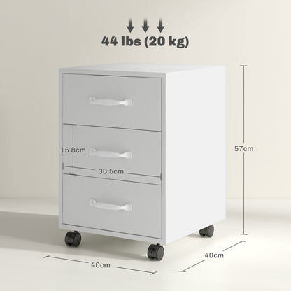 HOMCOM white mobile file cabinet with three drawers and size dimensions