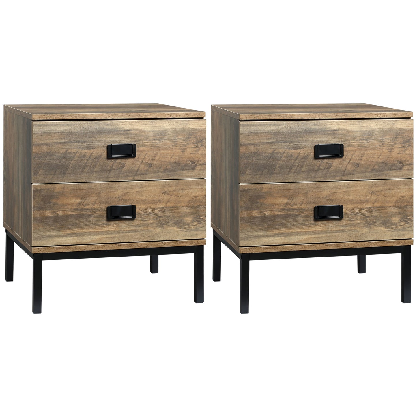 Photo of HOMCOM Retro Bedside Table, End Side Table with 2 Drawers, Metal Frame for Bedroom, Living Room, Set of 2, Coffee in Coffee colour on a white background