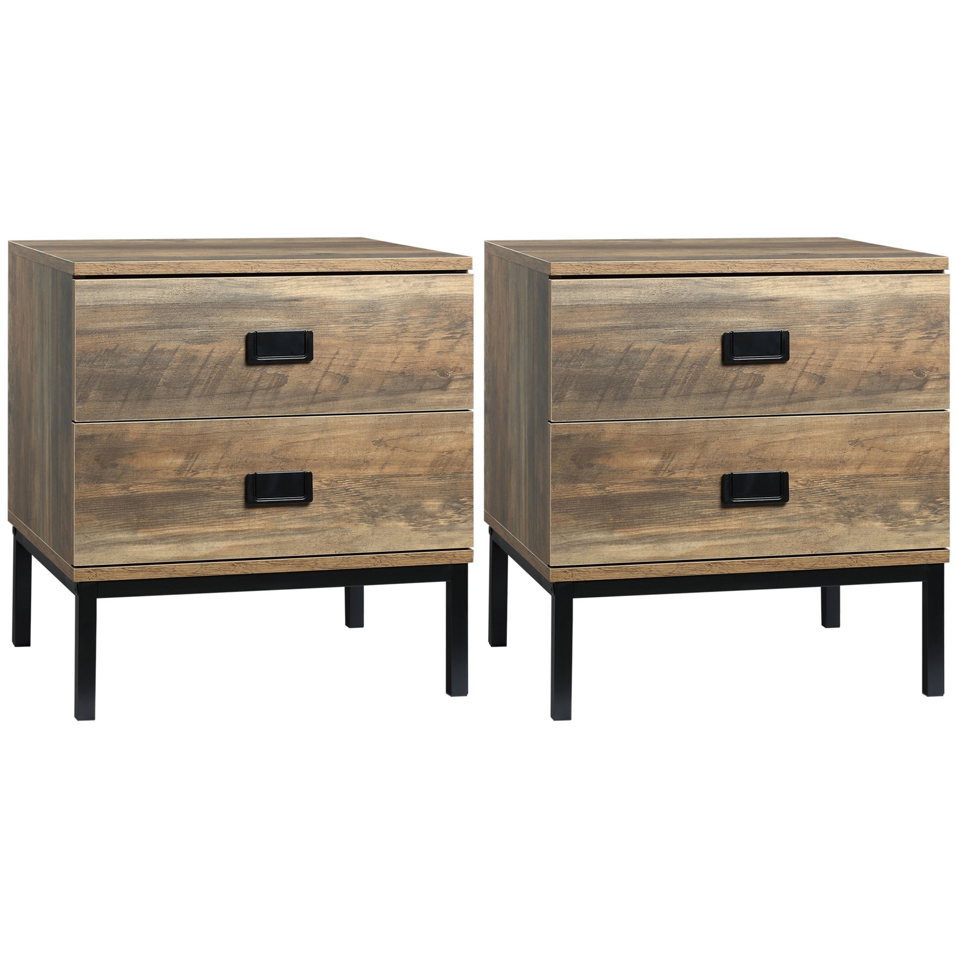 Photo of HOMCOM Retro Bedside Table, End Side Table with 2 Drawers, Metal Frame for Bedroom, Living Room, Set of 2, Coffee in Coffee colour on a white background