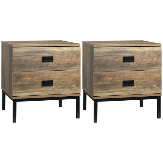 Photo of HOMCOM Retro Bedside Table, End Side Table with 2 Drawers, Metal Frame for Bedroom, Living Room, Set of 2, Coffee in Coffee colour on a white background