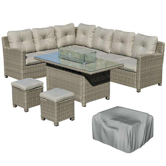 Photo of Outsunny 8-Seater Outdoor PE Rattan Sofa Set Conversation Set w/ Fire Pit Table, L-Shape Sofa, Footstool and Furniture Cover in Cover colour on a white background