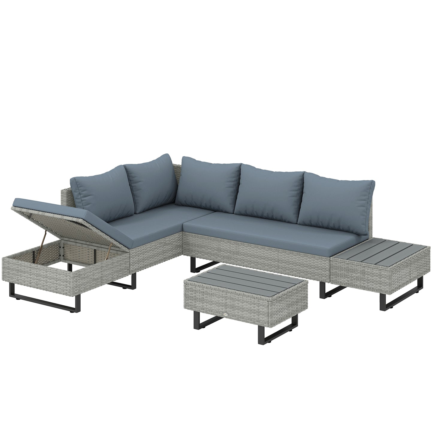 Photo of Outsunny 5 Seater Rattan Garden Furniture Set, L Shaped Garden Corner Sofa, Adjustable Back, Faux Wood Tables, Grey in Grey colour on a white background