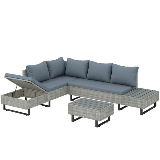 Photo of Outsunny 5 Seater Rattan Garden Furniture Set, L Shaped Garden Corner Sofa, Adjustable Back, Faux Wood Tables, Grey in Grey colour on a white background