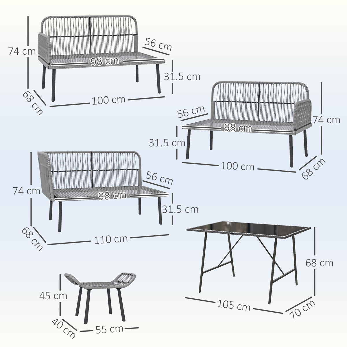 Outsunny 6 Piece Rattan Garden Furniture Set, 8 Seater Garden Corner Sofa with Cushions and Glass Top Table, Sectional Outdoor Furniture Conservatory Set for Patio, Charcoal Grey