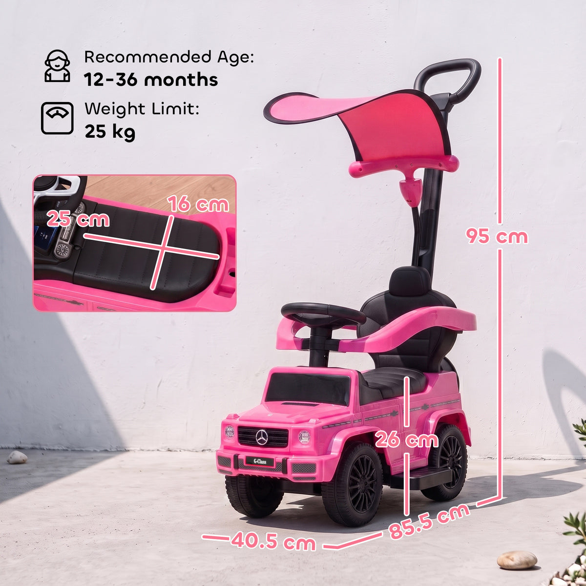 Pink ride-on push car with tall parent handle, safety bar, black seat and wheels