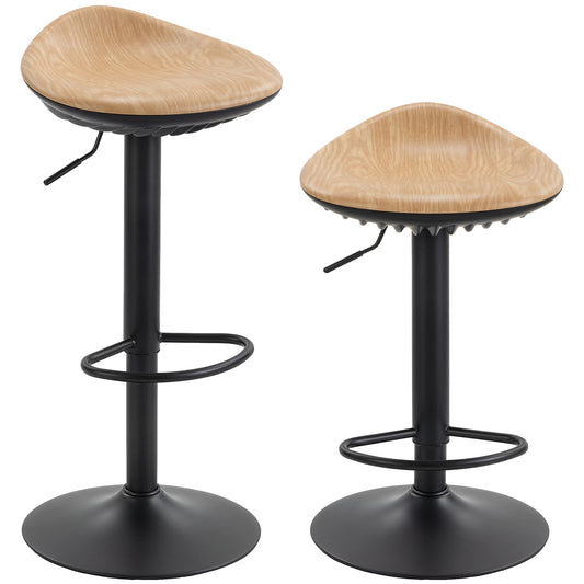 Photo of HOMCOM Set of 2 Barstools PU Leather Kitchen Stools with Saddle Seat Height Adjustable Swivel Kitchen Chairs with Footrest Oak in Oak colour on a white background