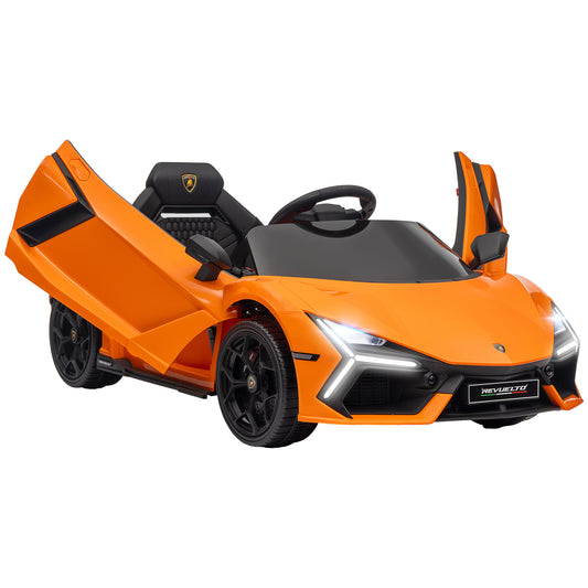 Photo of AIYAPLAY Lamborghini Revuelto Licensed 12V Ride on Car w/ Butterfly Doors, Transport Wheels, Suspension, Remote Control, Orange in Orange colour on a white background