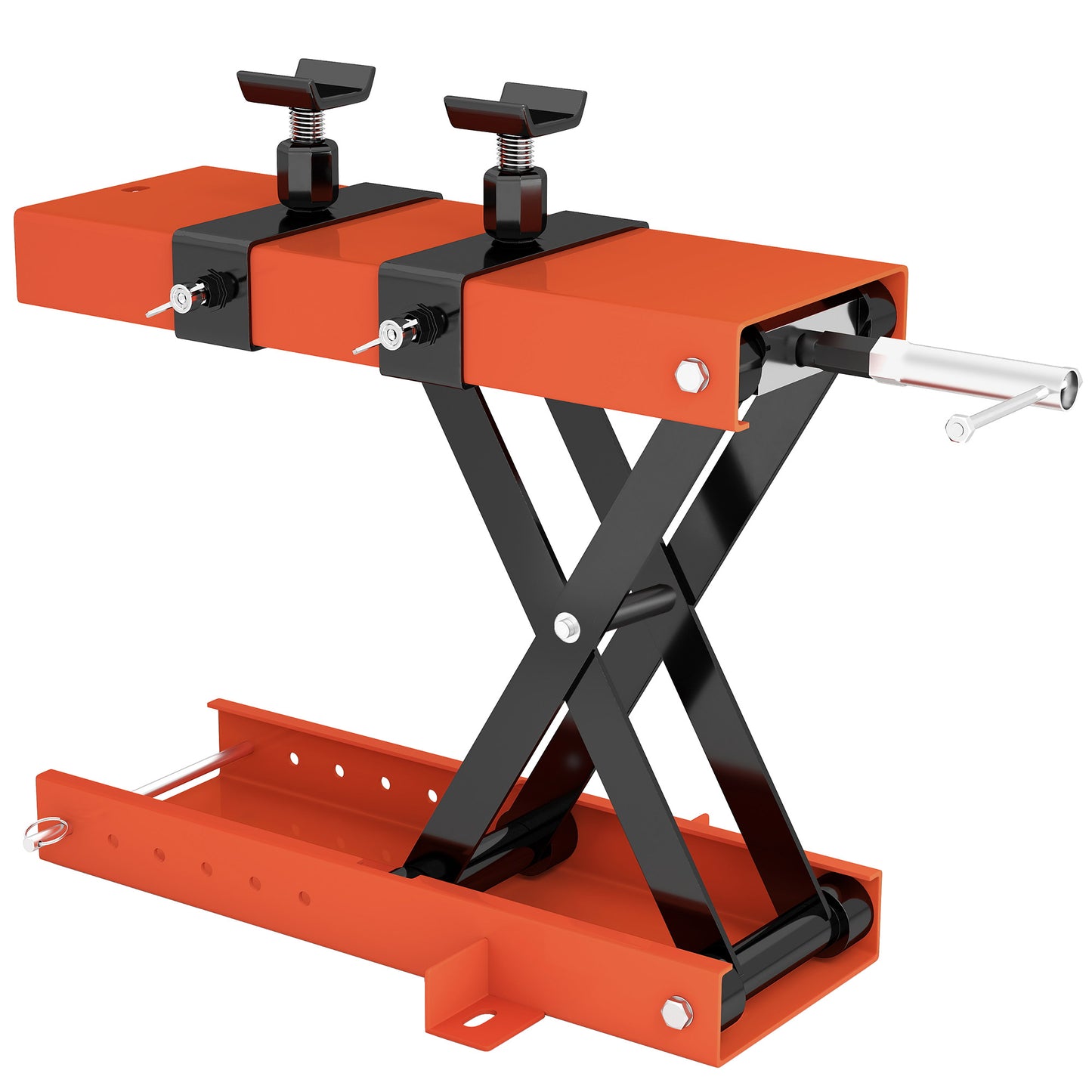 Photo of HOMCOM 500 kg Motorcycle Scissor Lift Jack, Heavy Duty Steel Adjustable Motorbike Lifting Hoist Stand with Safety Pin, Foldable Lifter for Dirt Bike Repair Maintenance, 45x15 cm Large Platform, Orange in Orange colour on a white background