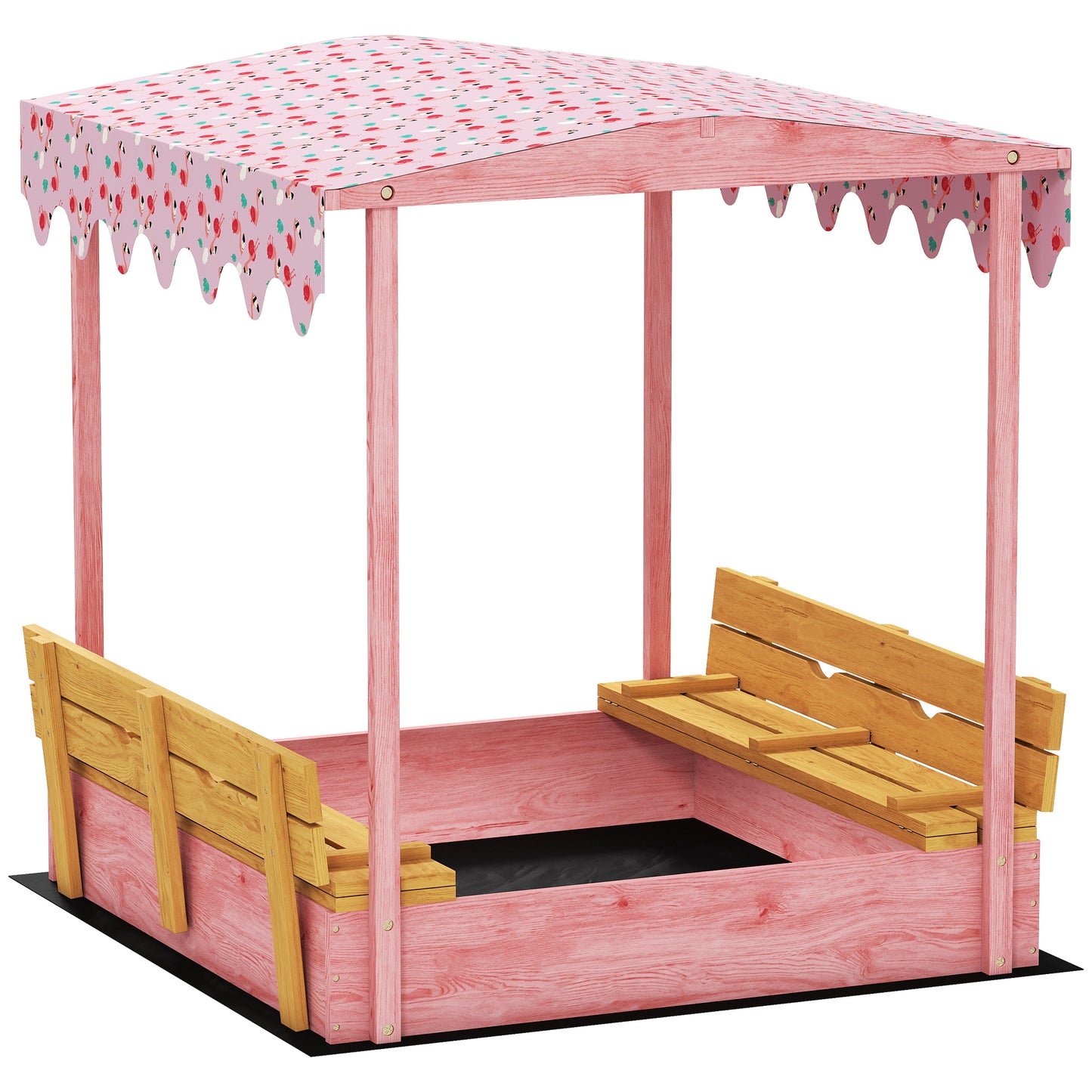 Photo of AIYAPLAY Wooden Sandbox with Lid, Flamingos Print Canopy, Kids Outdoor Sand Pit with Foldable Bench Seats, Bottom Liner, Pink in Pink colour on a white background