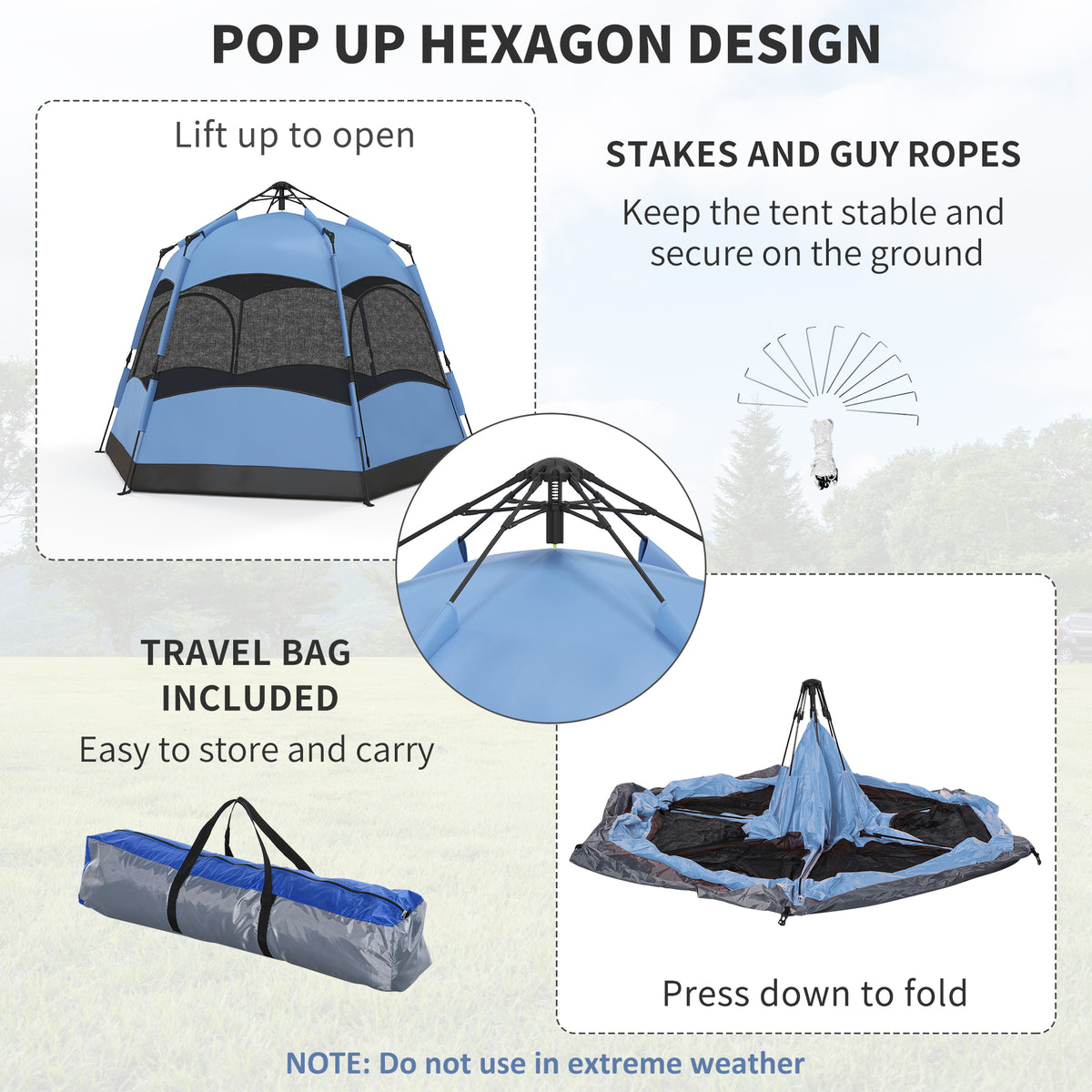 Outsunny 3 Man Instant Pop Up Tent with Rainfly, Portable Camping Shelter with Sewn-in Groundsheet, Carry Bag, Blue