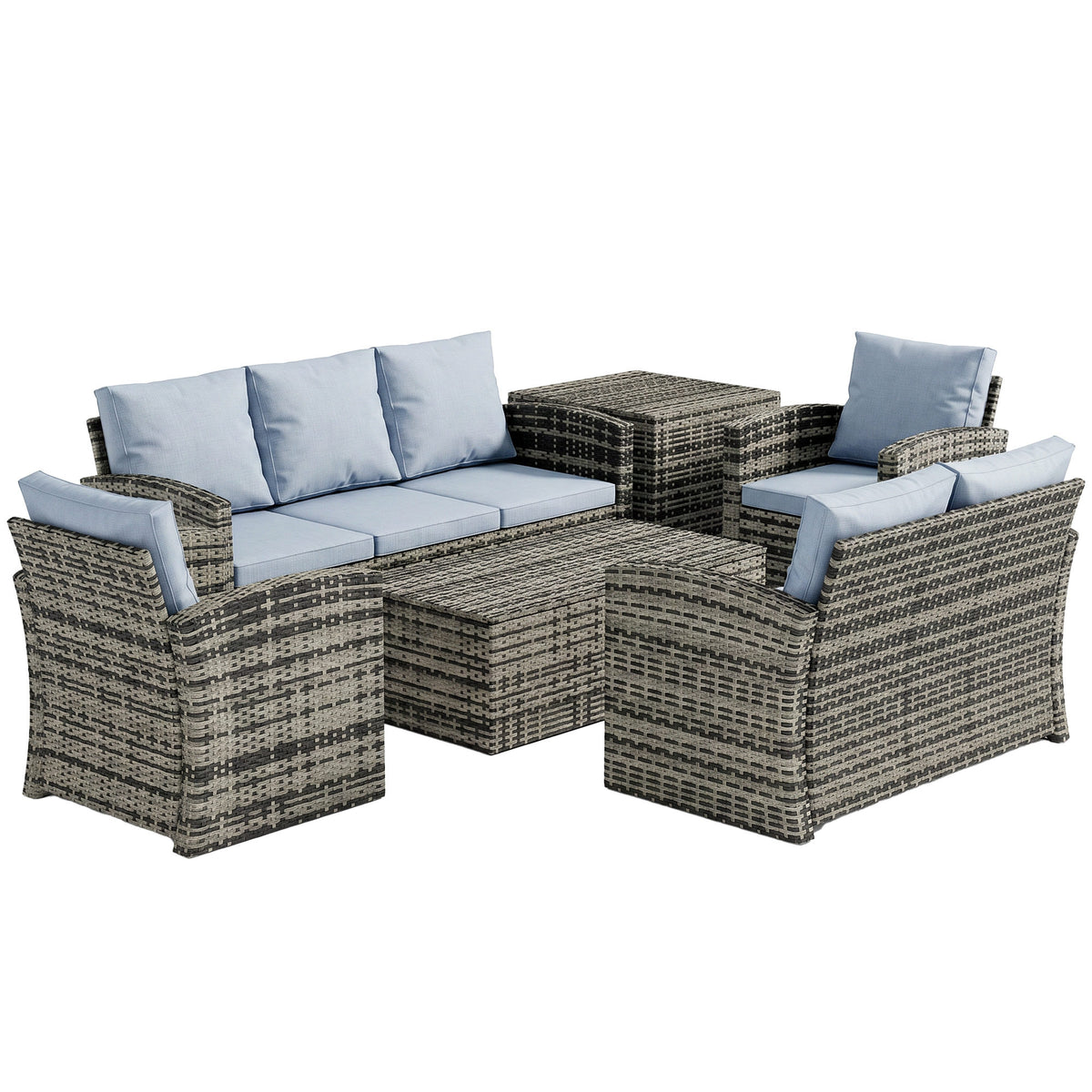 Six-piece gray wicker patio set with sectional sofas, pale blue cushions, storage table and side table