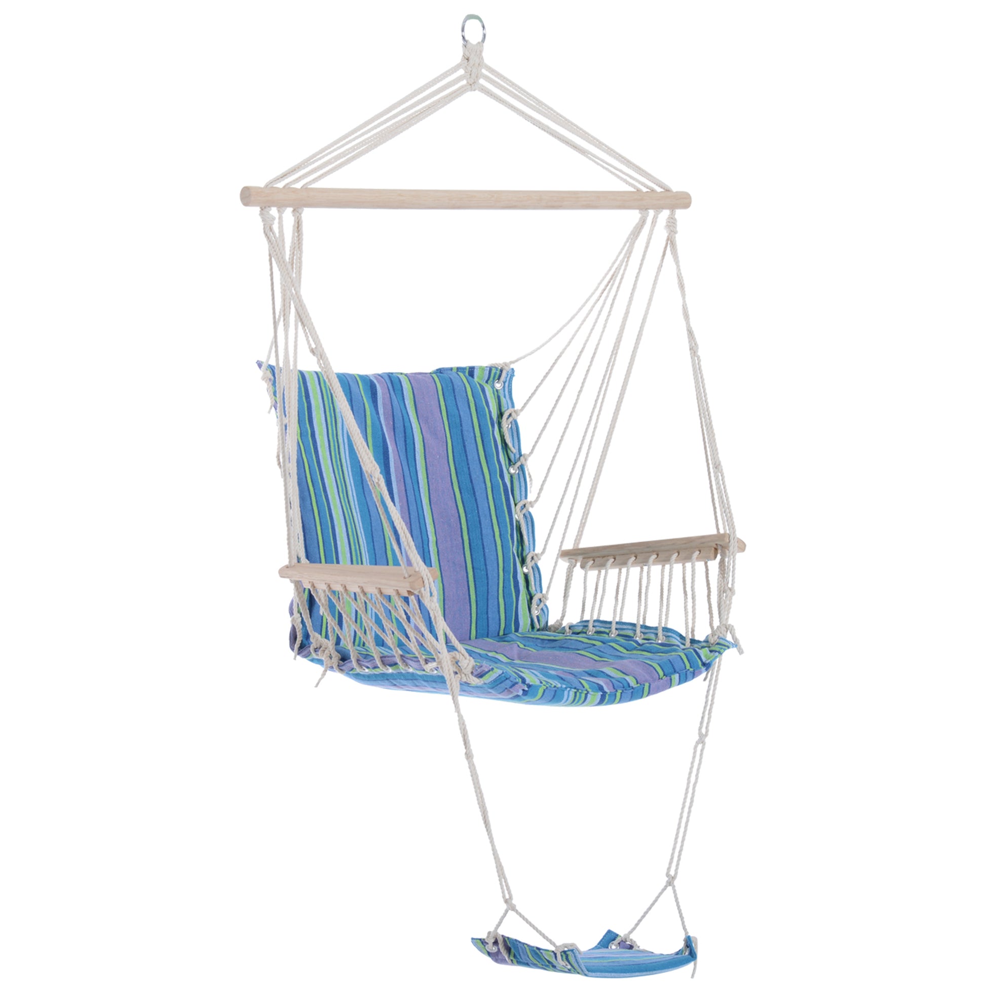 Photo of Outsunny Hanging Rope Chair with Soft Padded Seat & Backrest, Portable Garden Hammoc Chair with Wooden Support Bar, Armrests, Cotton Cloth, Footrest, for Patio & Tree, Blue in Blue colour on a white background