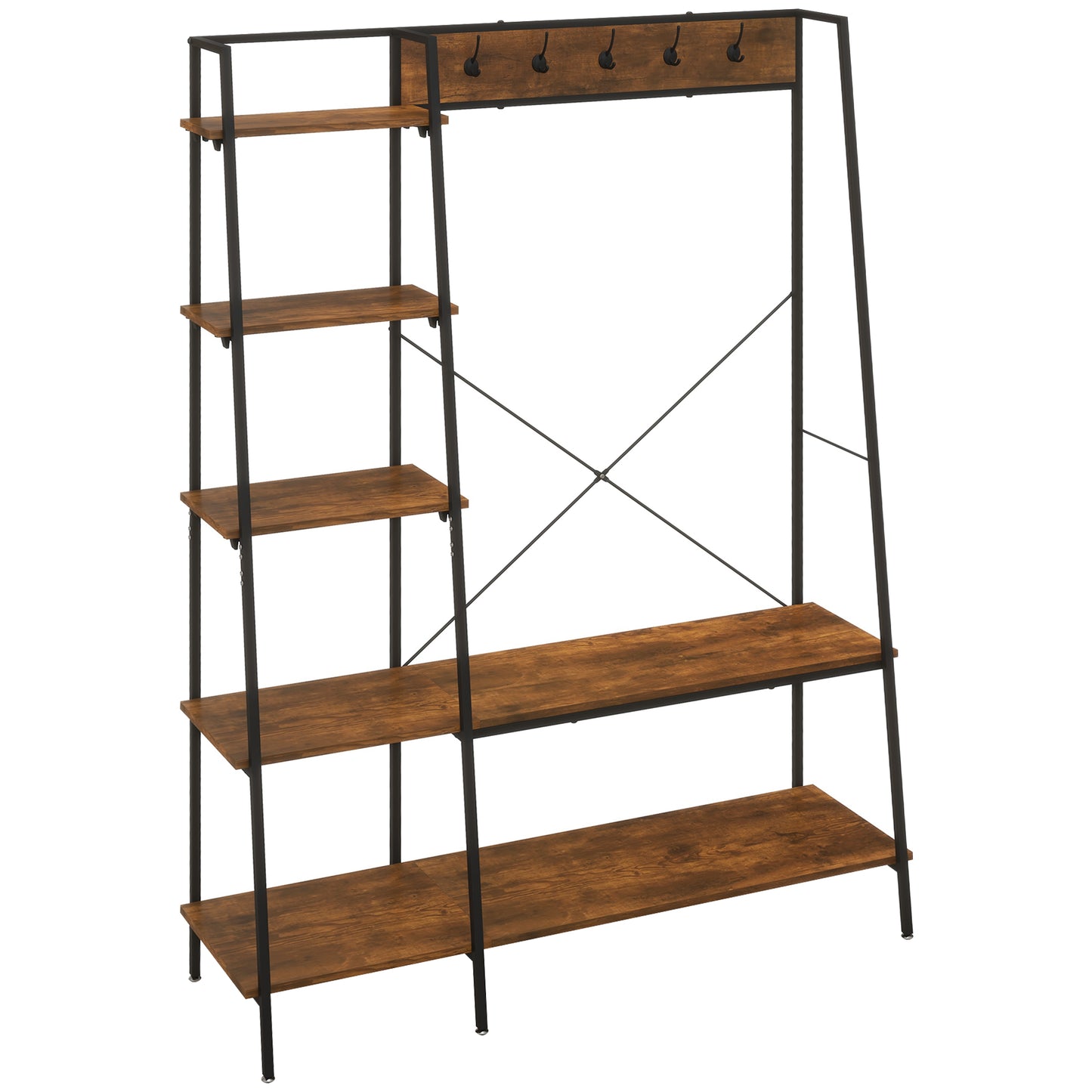 Photo of HOMCOM Clothes Rail, Metal Clothes Rack with Shoe Rack, 5 Tier Storage Shelves, 5 Side Hooks, Coat Stand for Bedroom, Living Room, Hallway, Rustic Brown and Black in Black colour on a white background