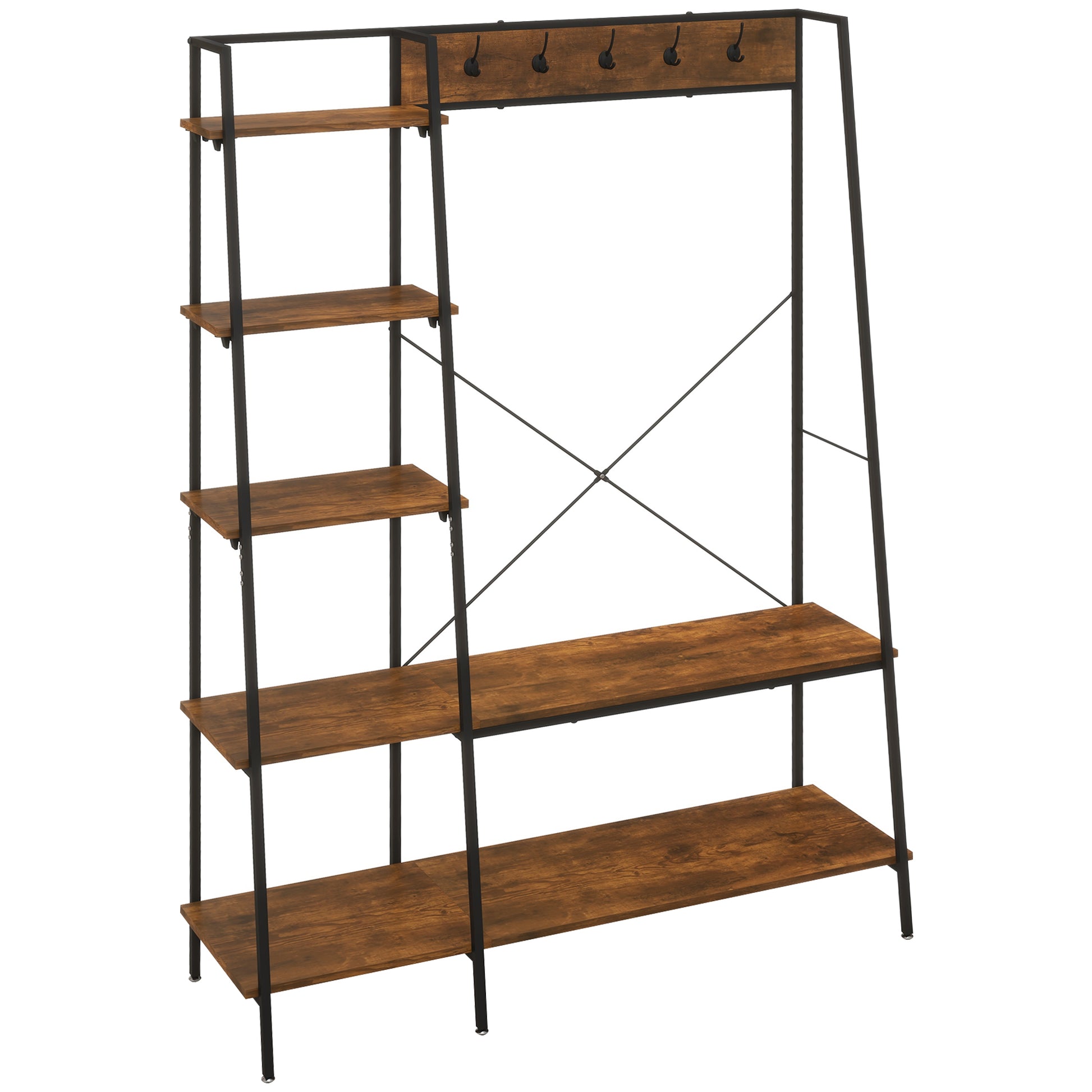 Photo of HOMCOM Clothes Rail, Metal Clothes Rack with Shoe Rack, 5 Tier Storage Shelves, 5 Side Hooks, Coat Stand for Bedroom, Living Room, Hallway, Rustic Brown and Black in Black colour on a white background