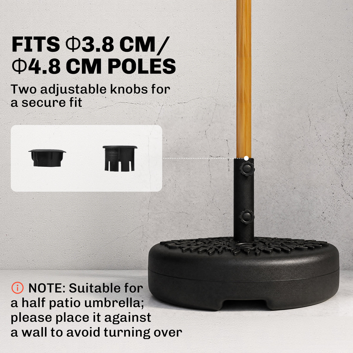 Black half-parasol base holding a pole with two adjustment knobs
