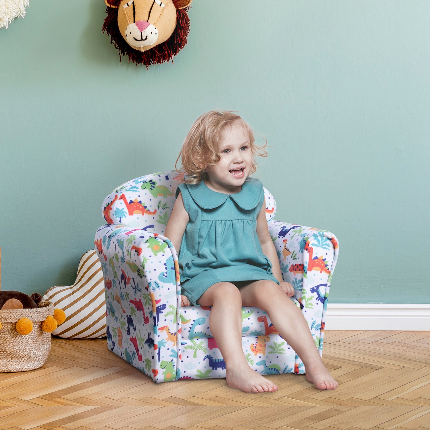 HOMCOM Children's Armchair Flannel Kids Sofa Tub Chair Cartoon Dinosaur Pattern Wooden Frame Bedroom Playroom Seater Multicolour