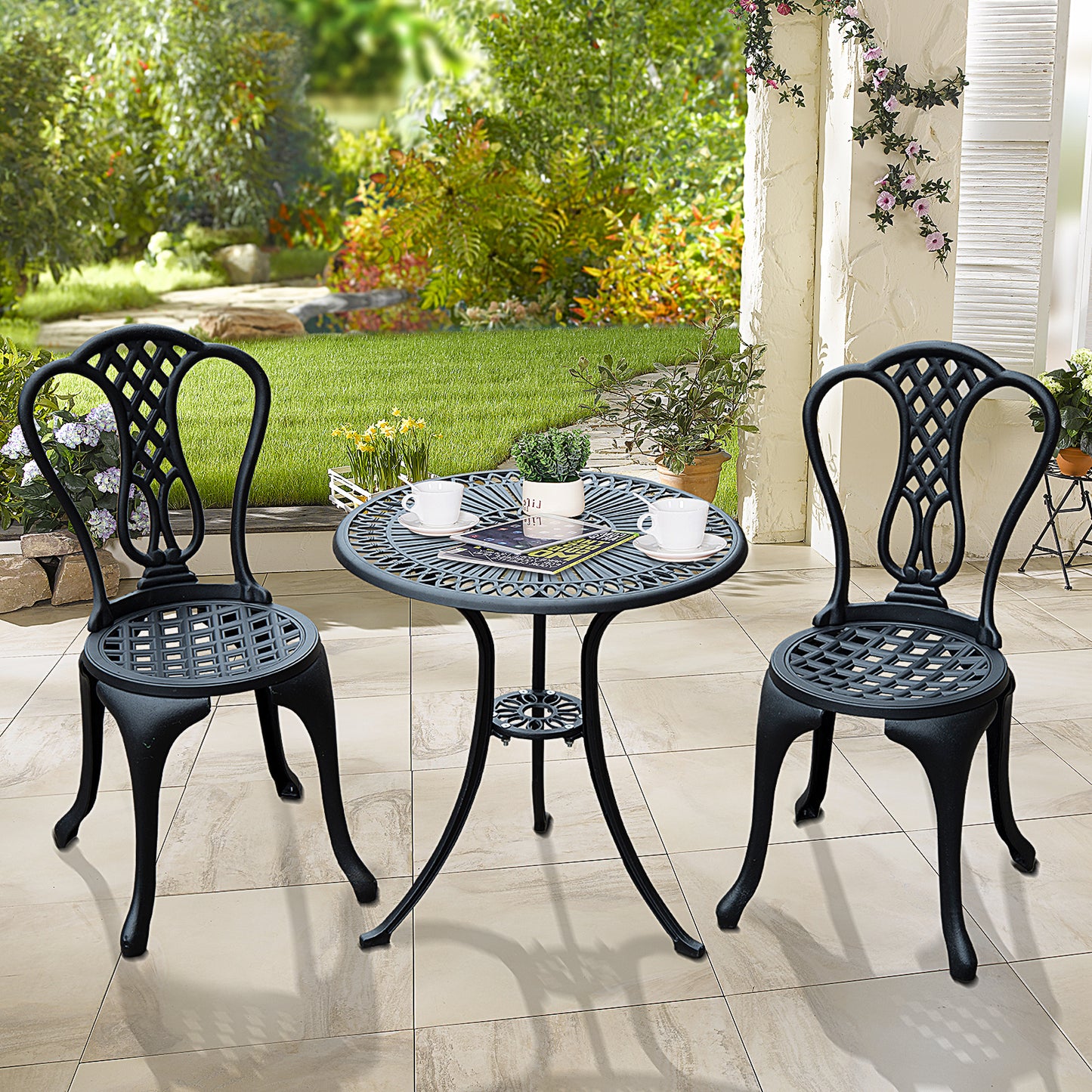 Outsunny 3 Piece Small Patio Furnture Cast Aluminium Bistro Set Garden Outdoor Table and Chairs Shabby Chic Style