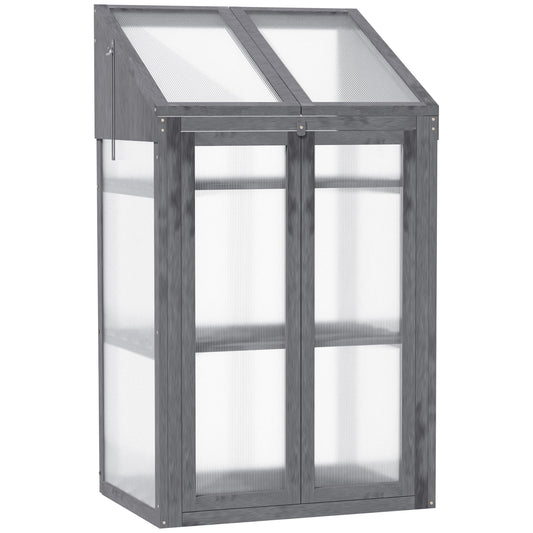 Photo of Outsunny Wooden Cold Frame Polycarbonate Greenhouse with Openable Top Cover and Double Door, Grow House for Flower, Vegetable and Plants, 70 x 50 x 120cm, Grey in Grey colour on a white background