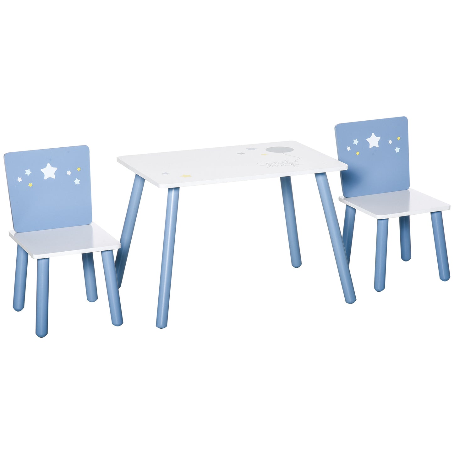 Photo of HOMCOM 3 Pcs Kids Table & Chairs Set w/ Wood Legs Safe Corners Cute Stars Seating Mini Furniture Home Playroom Bedroom Dining Room Blue in Blue colour on a white background