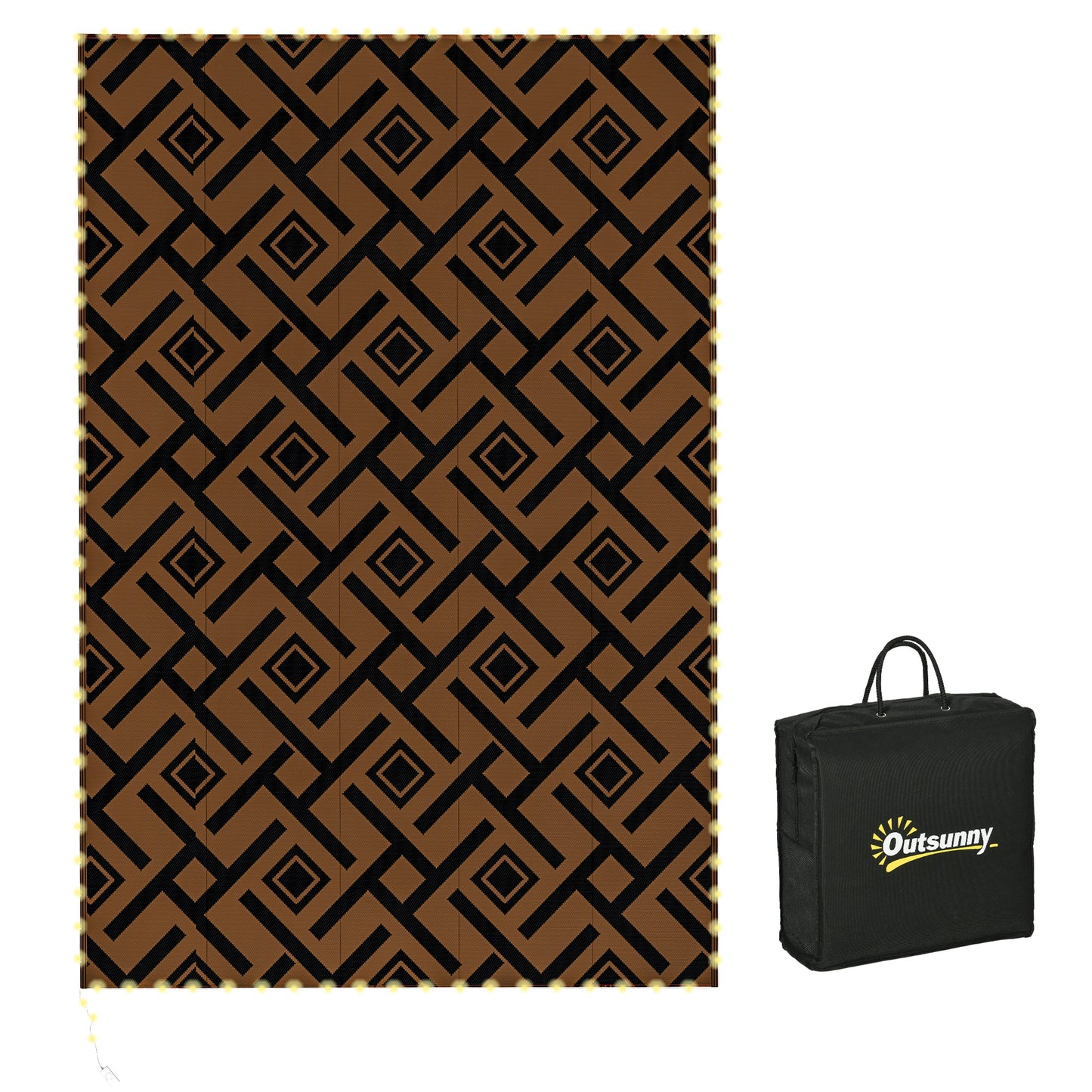 Photo of Outsunny Plastic Straw Reversible RV Outdoor Rug with LED String Light, 182 x 274cm, Brown and Black in Black colour on a white background