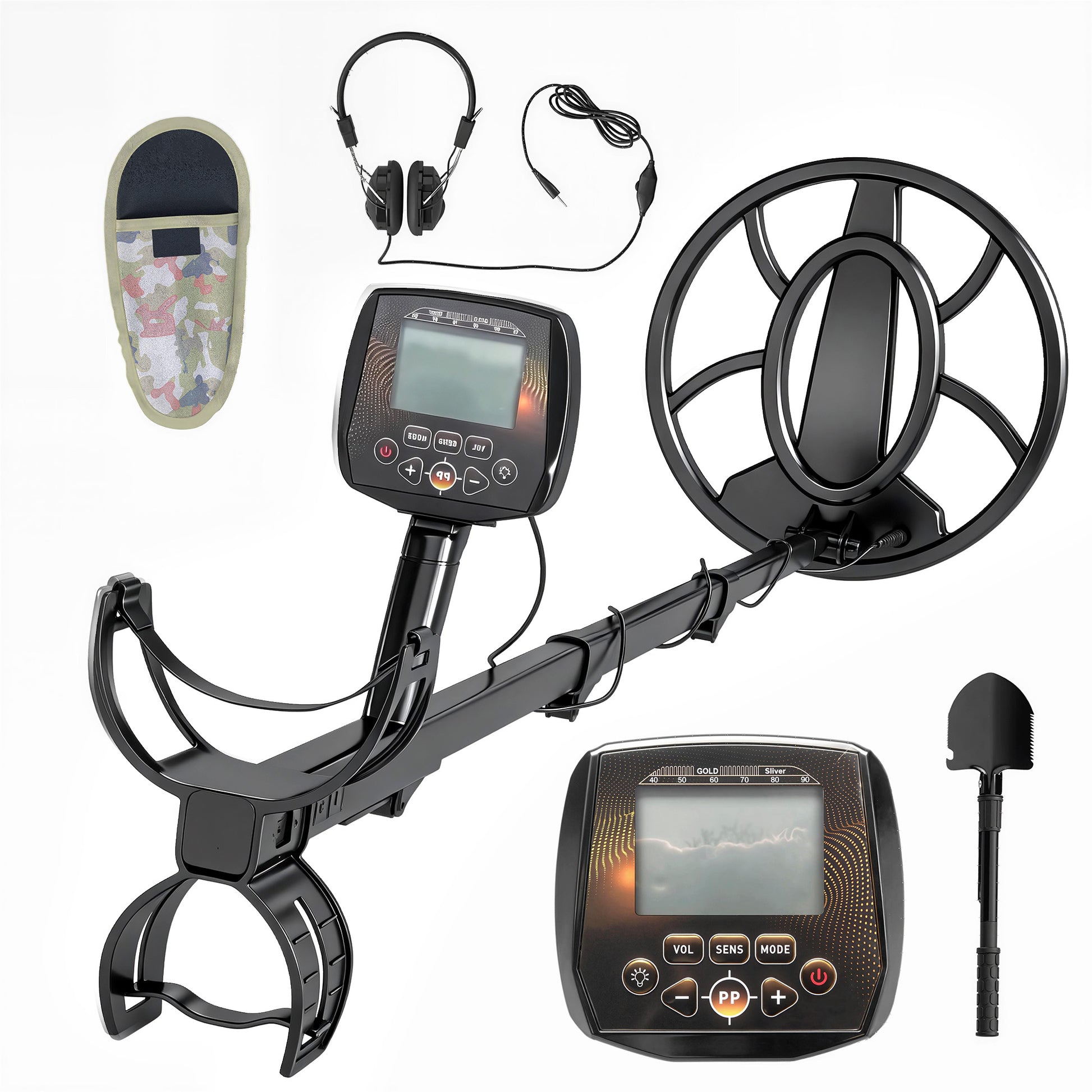 Photo of Outsunny Metal Detector for Adults, IP68 Waterproof Search Coil with LCD Display, 5 Modes Gold Detector with Carry Bag, Shovel in Shovel colour on a white background