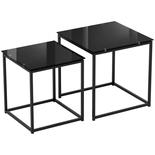 Photo of HOMCOM Set of 2 Coffee Table, Nest of Tables with Tempered Glass Desktop and Metal Frame, Black in Black colour on a white background
