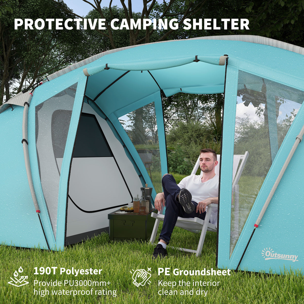 Outsunny blue tent with mesh windows, open doorway and sewn-in groundsheet