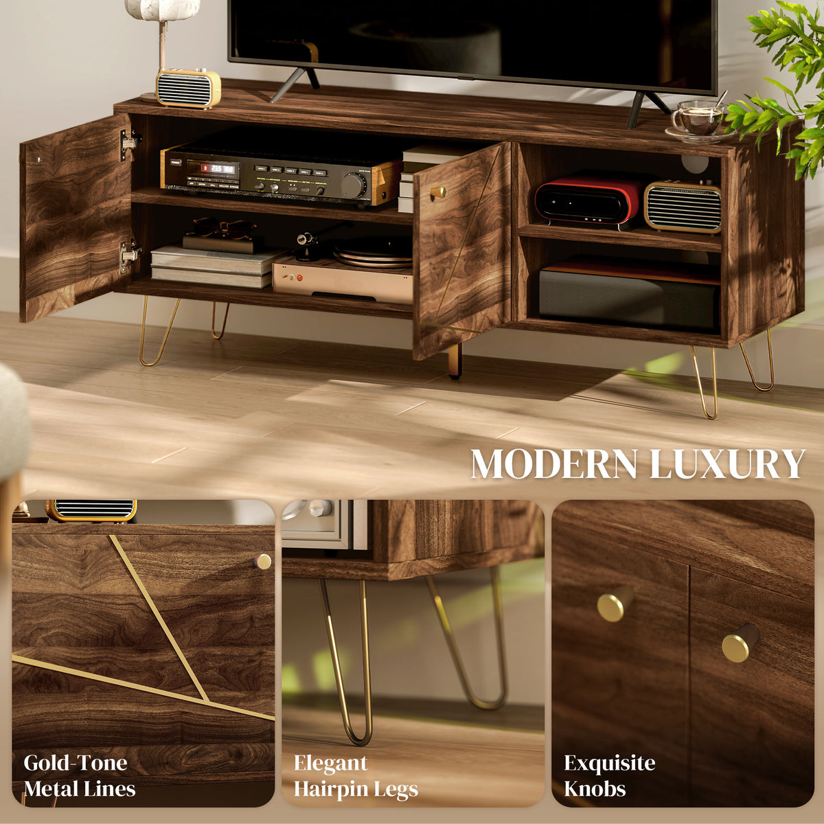 Brown TV stand with open doors, adjustable shelves, gold-tone details and hairpin legs