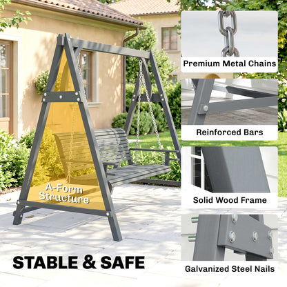 Outsunny gray wooden garden swing bench with A-frame, hanging chains, and reinforced joints