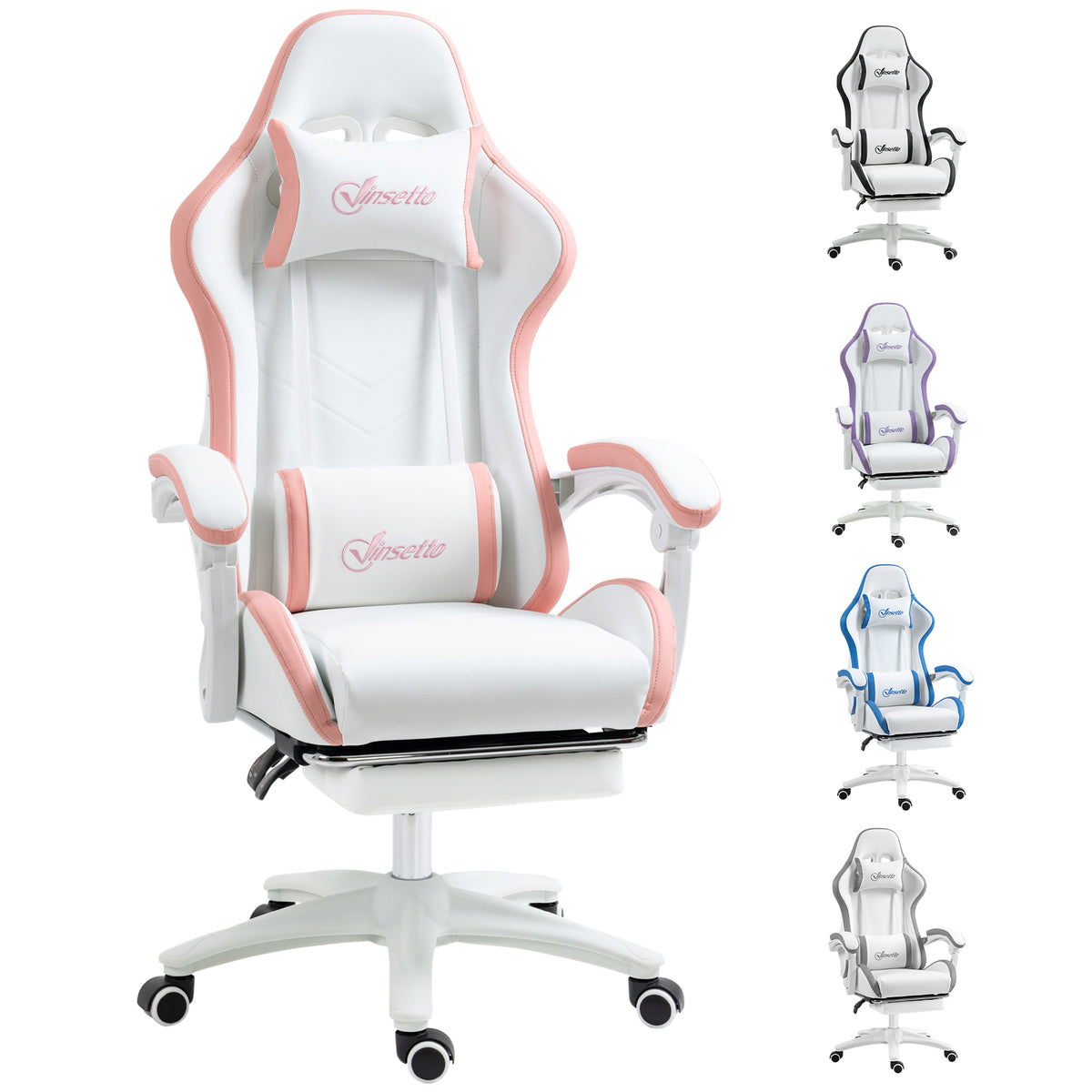 Photo of Vinsetto Gaming Chair, Computer Gamer Chair with Reclining High Back, Headrest, Lumbar Support, Footrest, Swivel Wheels, PU Leather, Adjustable Height for Home, White and Pink in Pink colour on a white background