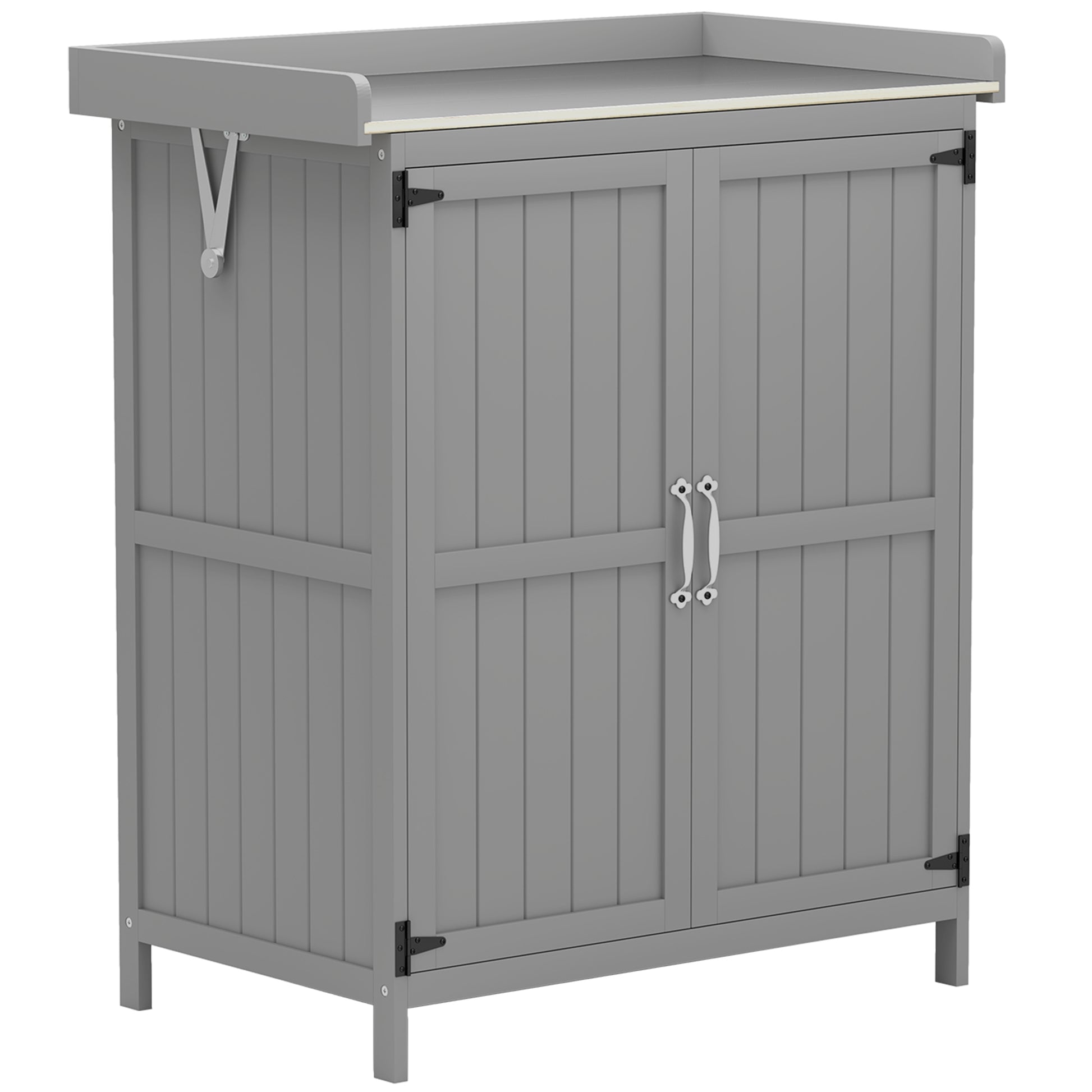 Photo of Outsunny Wooden Garden Shed, Garden Tool Storage Shed with Hinged Roof and Shelf, Outdoor Storage Cabinet with Double Doors, Grey in Grey colour on a white background