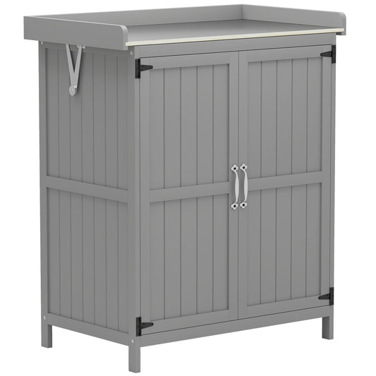 Photo of Outsunny Wooden Garden Shed, Garden Tool Storage Shed with Hinged Roof and Shelf, Outdoor Storage Cabinet with Double Doors, Grey in Grey colour on a white background