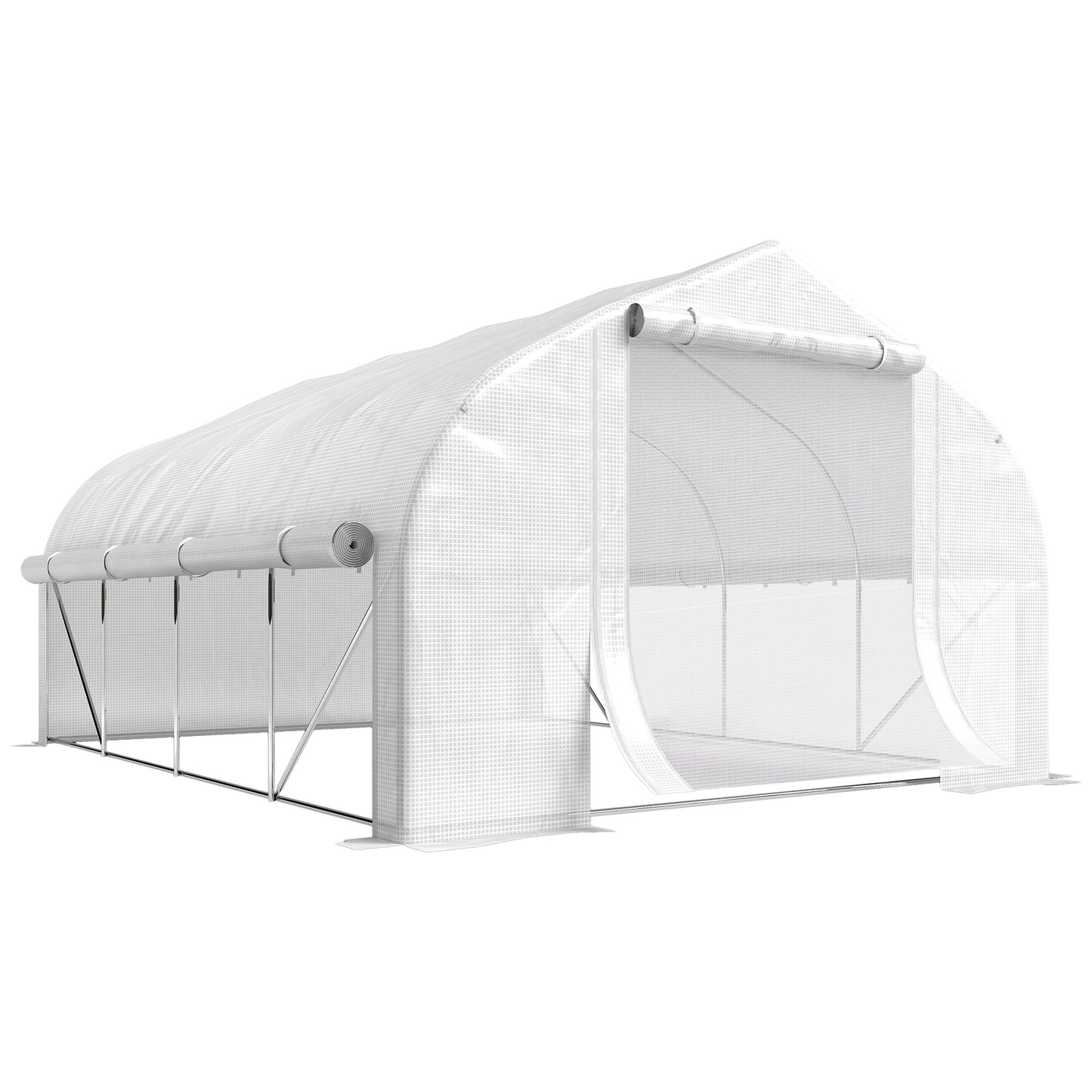 Photo of Outsunny 4 x 3(m) Walk-in Polytunnel Greenhouse, Zipped Roll Up Sidewalls, Mesh Door, 8 Mesh Windows, Tunnel Warm House Tent with PE Cover, Complimentary Plant Labels and Gloves, White in White colour on a white background