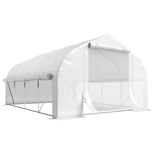 Photo of Outsunny 4 x 3(m) Walk-in Polytunnel Greenhouse, Zipped Roll Up Sidewalls, Mesh Door, 8 Mesh Windows, Tunnel Warm House Tent with PE Cover, Complimentary Plant Labels and Gloves, White in White colour on a white background