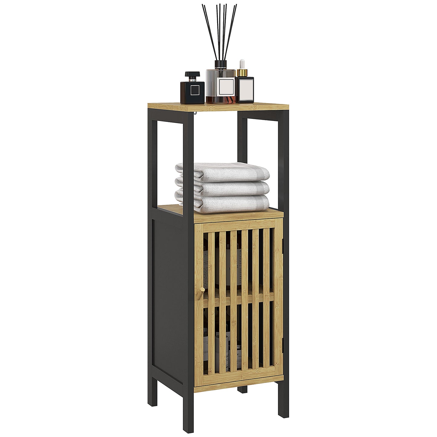 Photo of HOMCOM Bamboo-Blend Retro Cut-Out Bathroom Storage Unit, with Cupboard in Cupboard colour on a white background