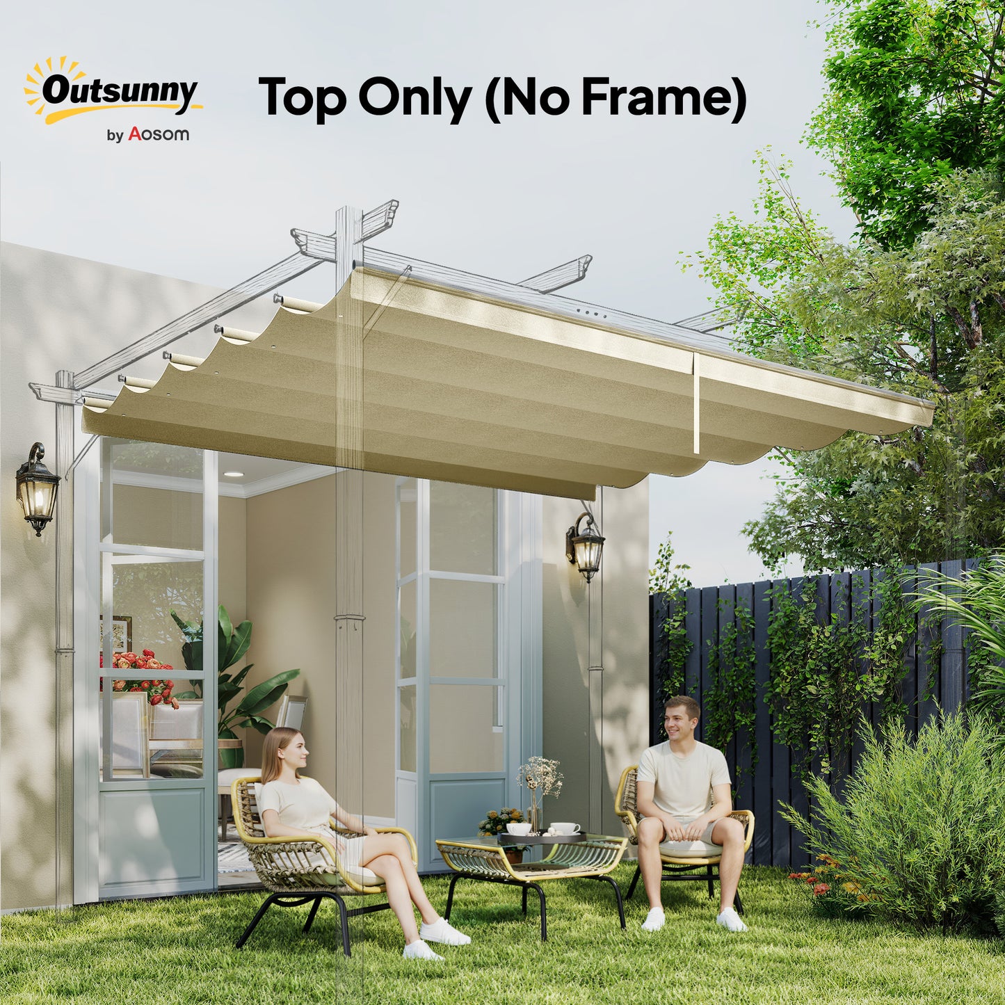 Outsunny Retractable Pergola Cover, 3.5 x 2.6 m Replacement Canopy Fabric for 4 x 3 m Frame, Roof Top Only, Cream White