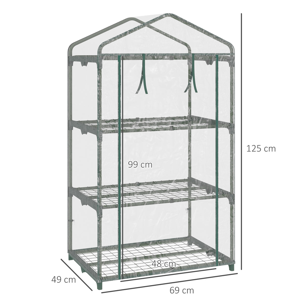 Outsunny three-tier mini greenhouse with clear cover and wire shelves, shown with dimensions
