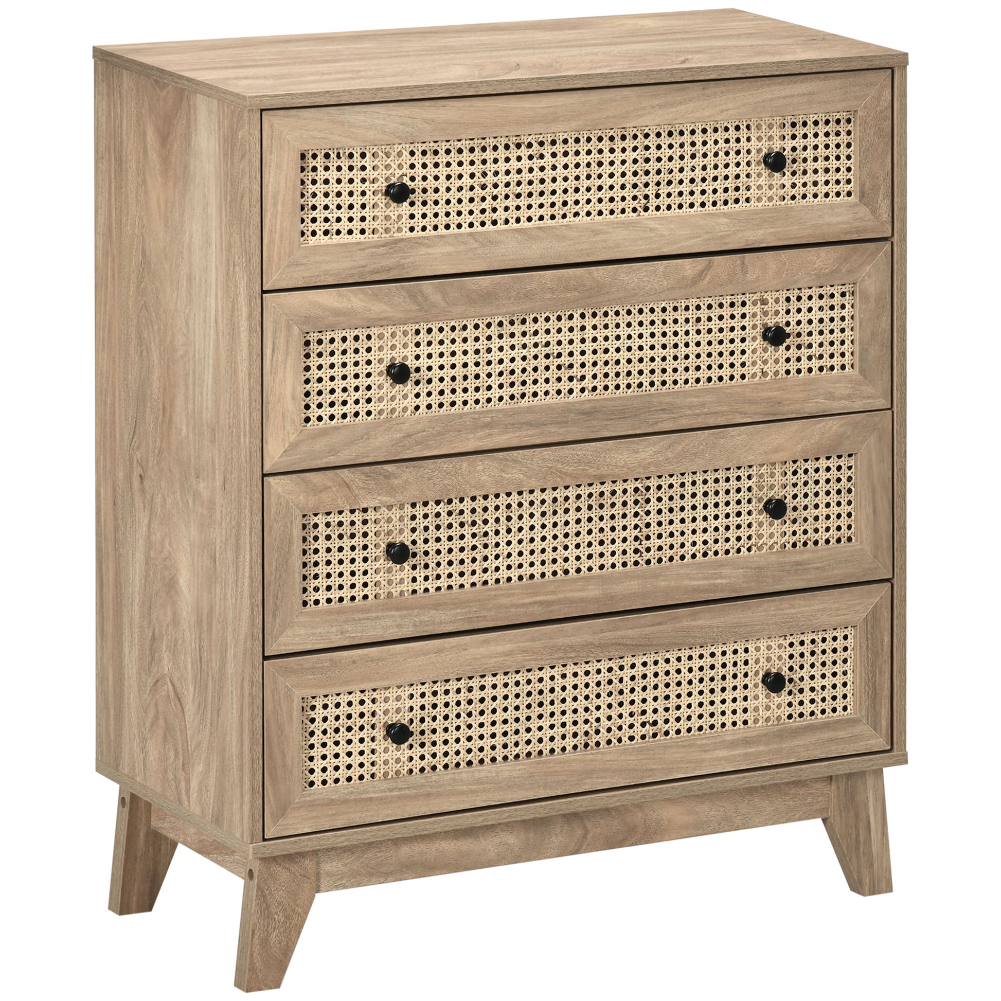 Photo of HOMCOM Storage Cabinet, 4-Drawer Unit with Rattan Element for Bedroom, Living Room, 80cmx35cmx95cm, Wood Effect in Effect colour on a white background