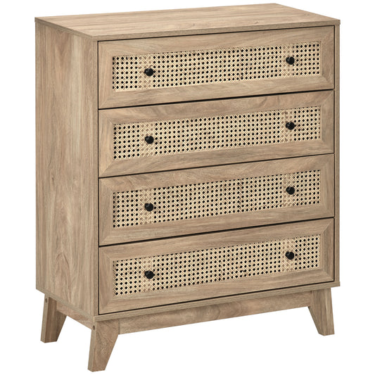 Photo of HOMCOM Storage Cabinet, 4-Drawer Unit with Rattan Element for Bedroom, Living Room, 80cmx35cmx95cm, Wood Effect in Effect colour on a white background