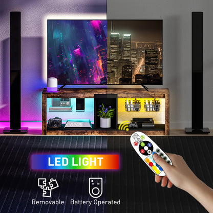 Rustic brown TV stand with open storage shelves and colorful LED lighting
