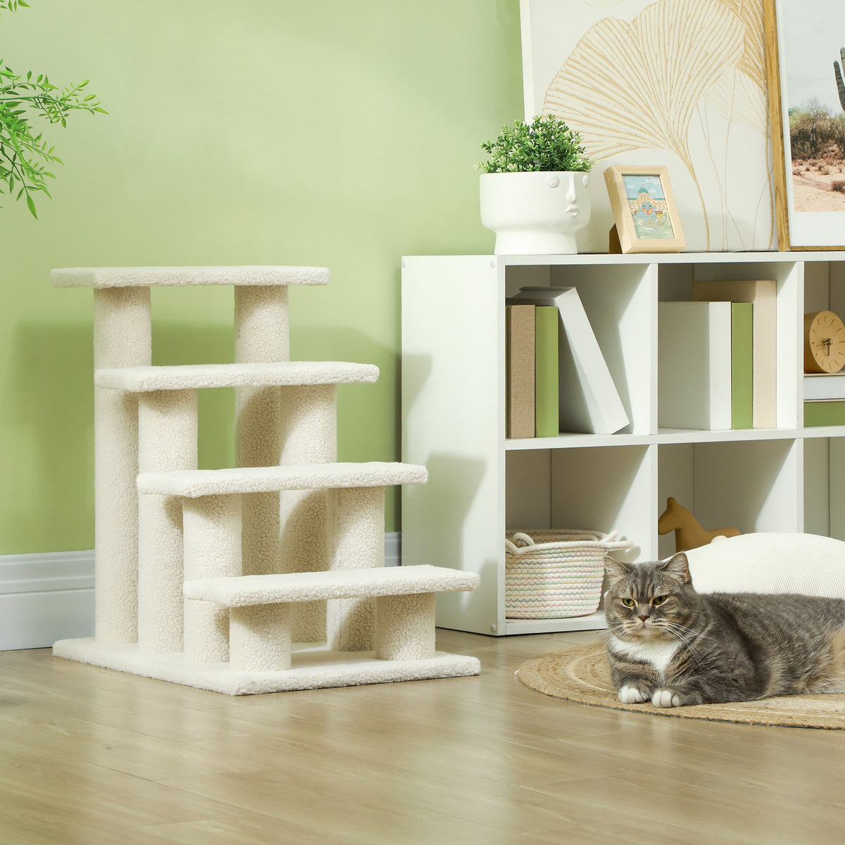 Cream plush pet stairs with four wide steps, shown beside a cat