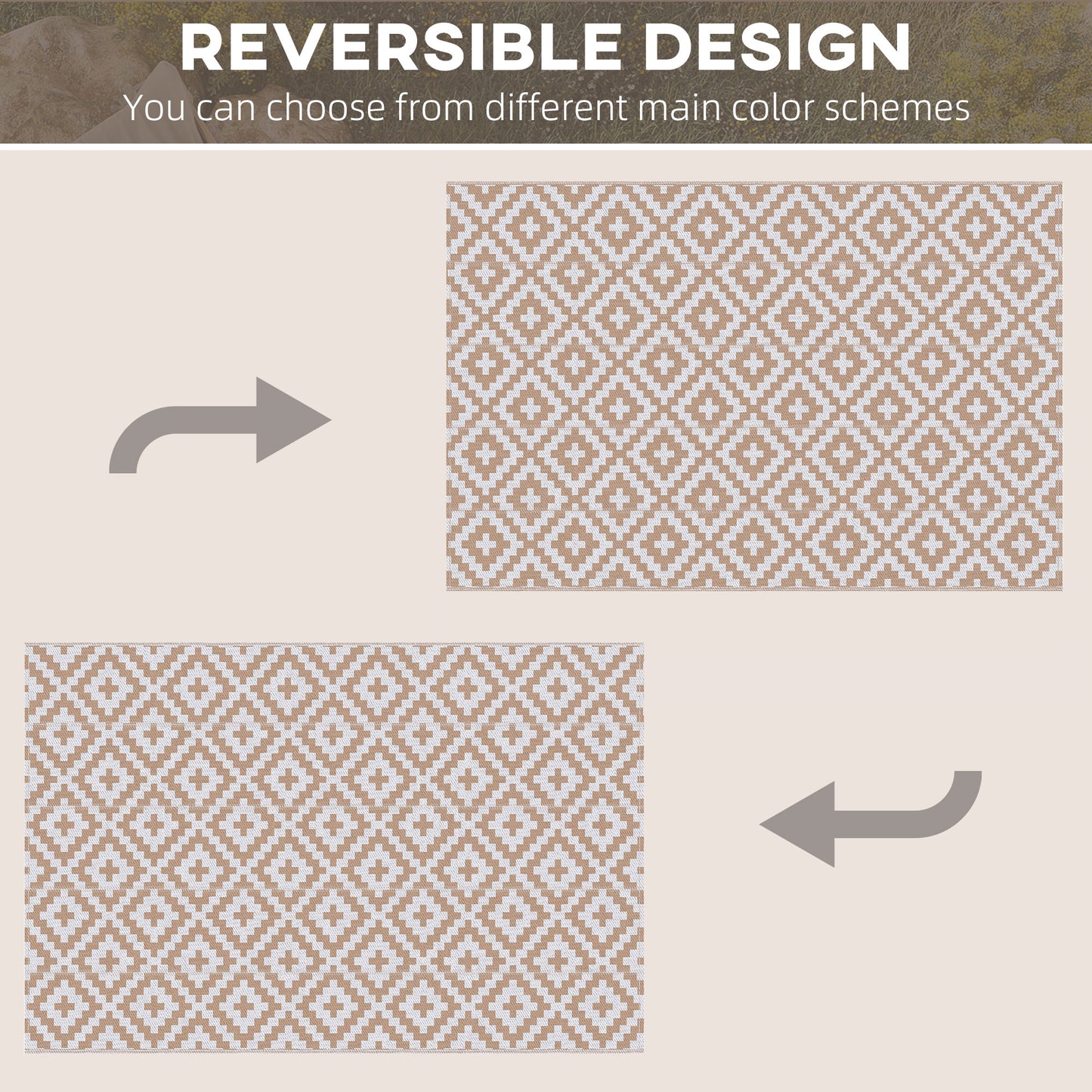 Outsunny Reversible Outdoor RV Rug, Patio Floor Mat, 274 x 182 cm Plastic Straw Rug for Garden, terrace, Beach, Camping, Coffee & White
