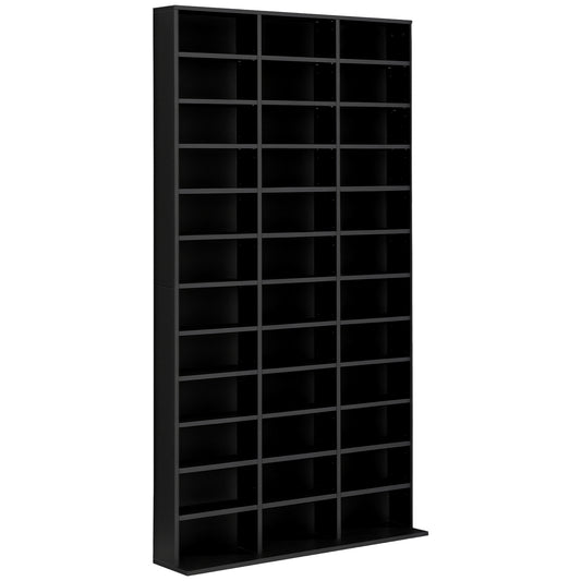 Tall black media storage shelf with three columns of open compartments