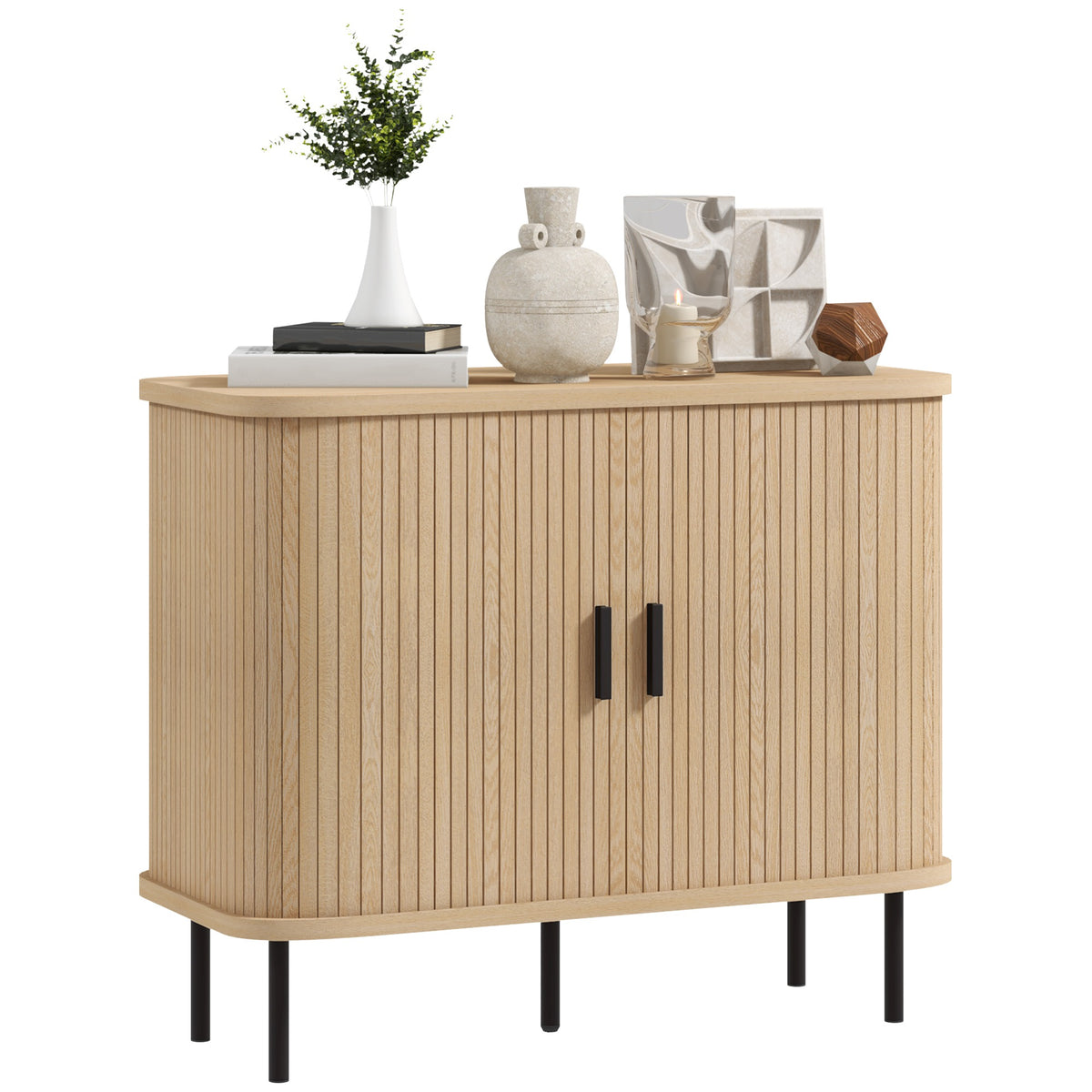 Photo of HOMCOM Mid-Century Modern Sideboard Storage Cabinet with Slatted Tambour Sliding Doors, Kitchen Cabinet with Steel Legs, Oak Tone in Tone colour on a white background