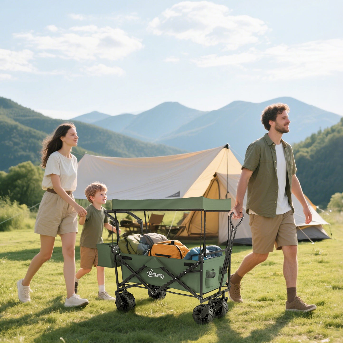 Outsunny 180L Festival Trolley on Wheels, Push & Pull Beach Cart with Removable Canopy, Wide All-Terrain Wheels, Folding Camping Trolley Cart, Adjustable Handle for Garden Fishing Shopping, Green
