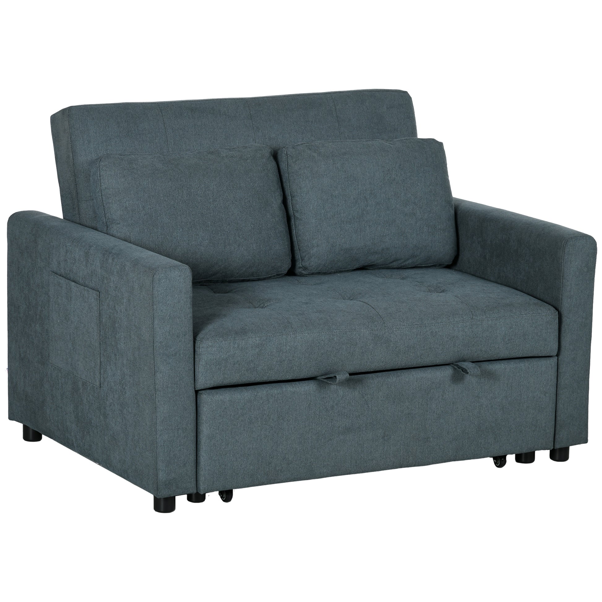 Photo of HOMCOM Loveseat Sofa Bed, Convertible Bed Settee with 2 Pillows, Side Pockets, Charcoal Grey in Grey colour on a white background